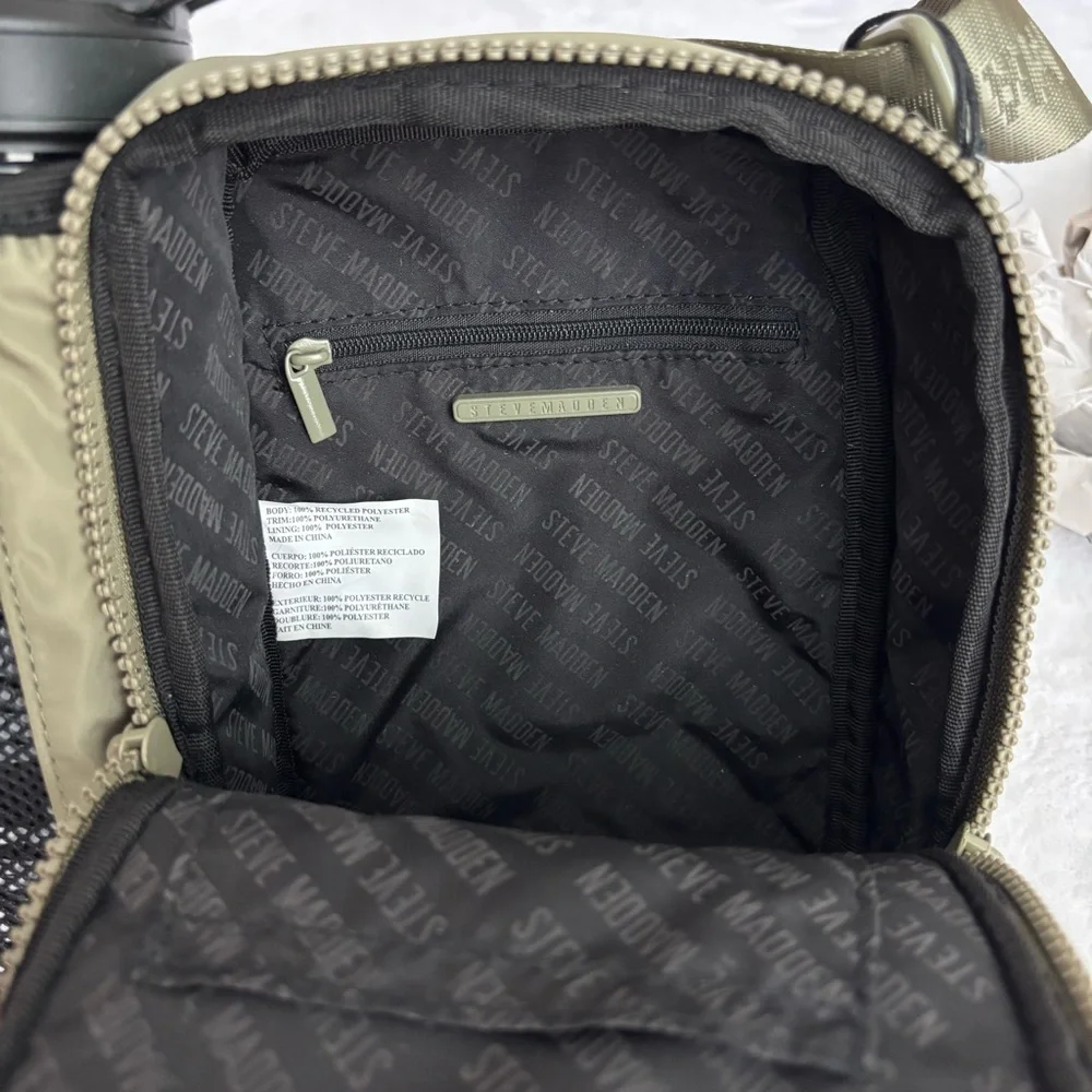 STEVE MADDEN Bavia Olive Green Quilted Crossbody Bag with Attached Water Bottle